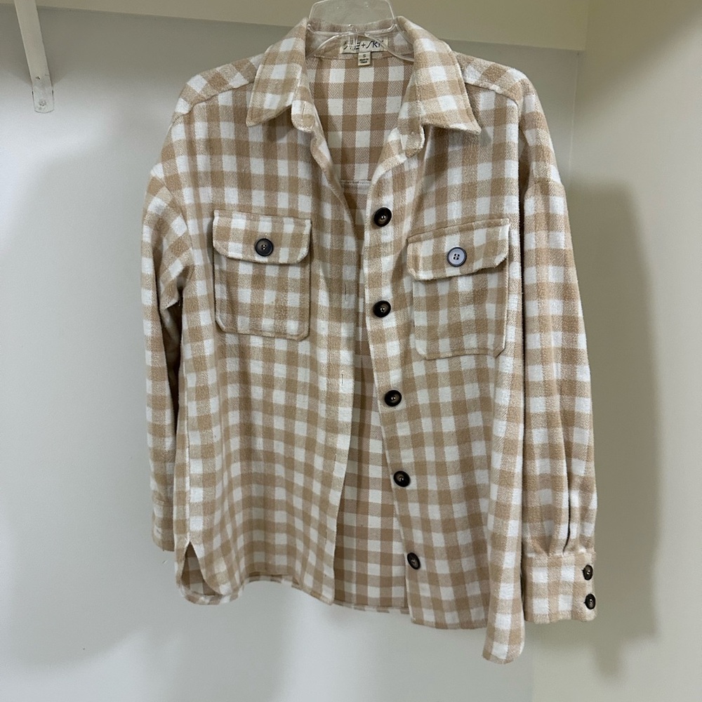 Beige and White Gingham Button-Up Shacket